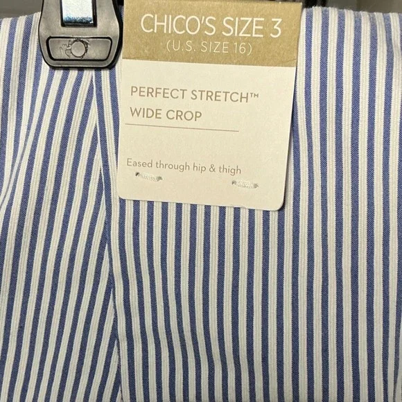 Chicos Perfect Stretch Wide Crop Pants Blue White Stripe Size 3 US 16 NEW - Picture 8 of 8